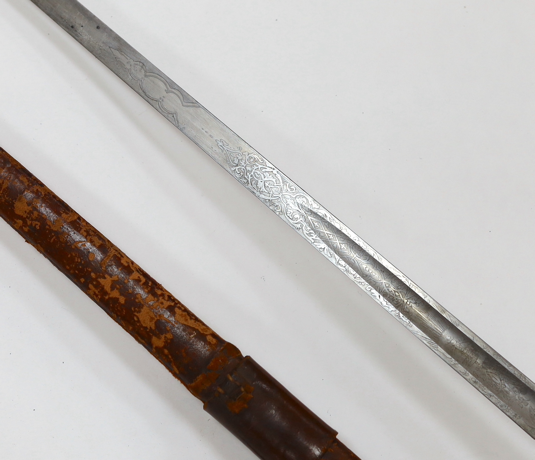 A Victorian 1897 pattern infantry officer's sword, maker Robert Mole & Sons, Birmingham, marked War and India offices, with scabbard and leather hanger, blade 82cm